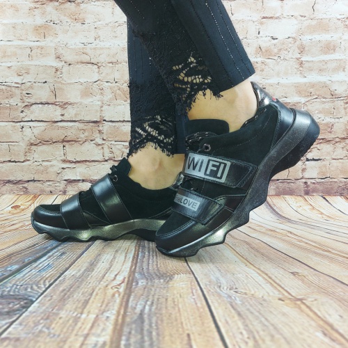 Туфлі жіночі спортивні Eclipse 580-28 чорні шкіра-замша шнурок + 2 липучки