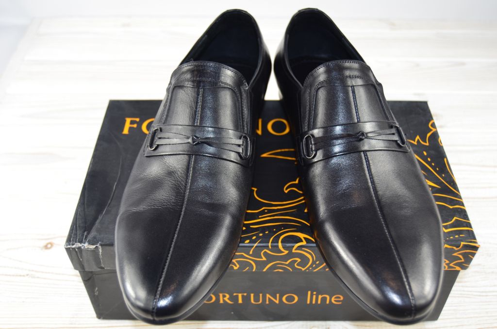 Туфлі чоловічі Fortuno 13058 чорні шкіра на гумках розміри 43,45