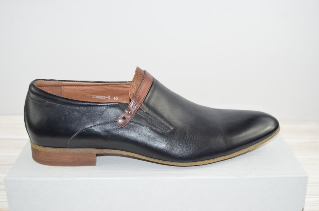 Туфли мужские Miratti 208805-3 чёрные кожа на резинках, последний 45 размер