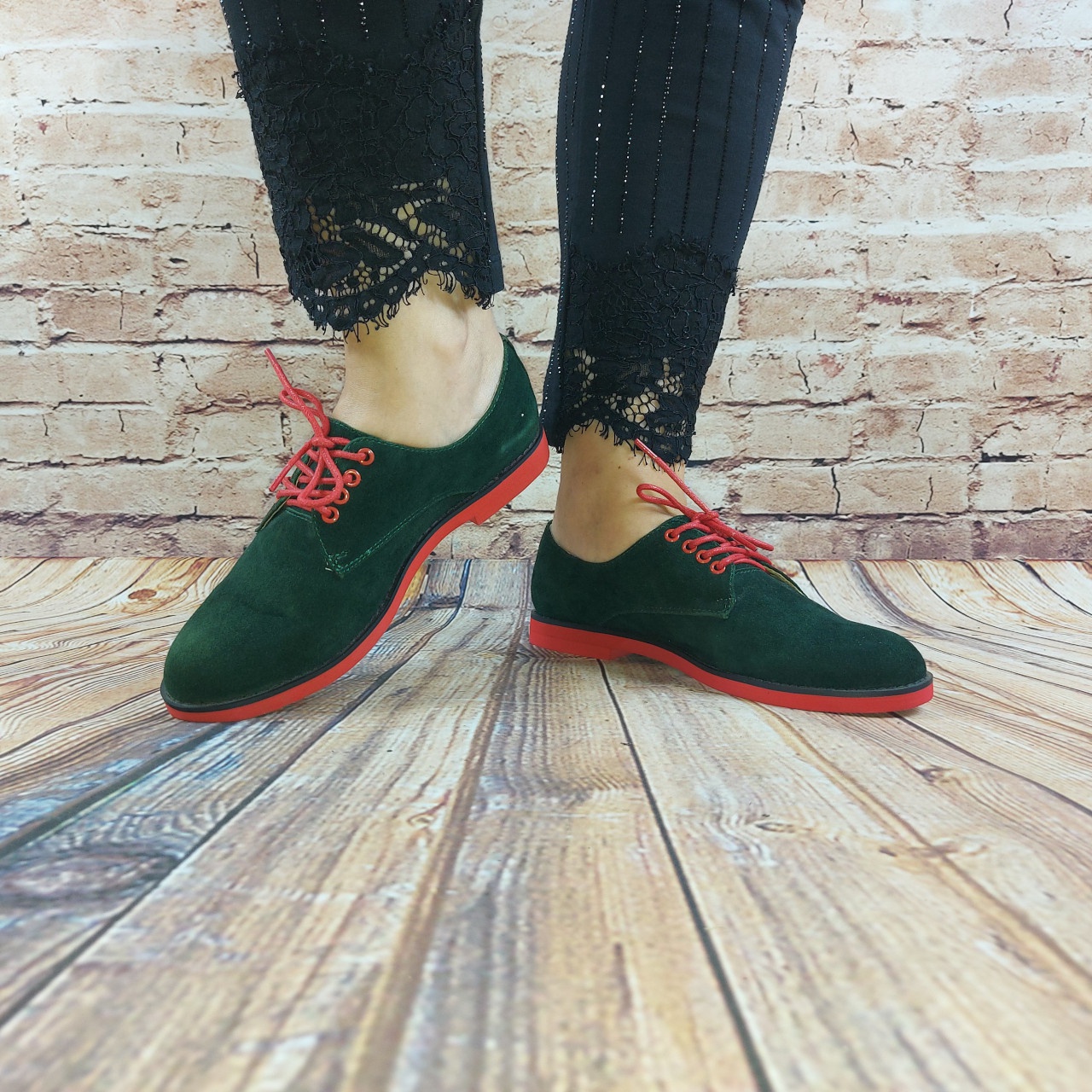 Туфли женские It Girl 3375 зелёные замша на шнурке (последний 36 размер)