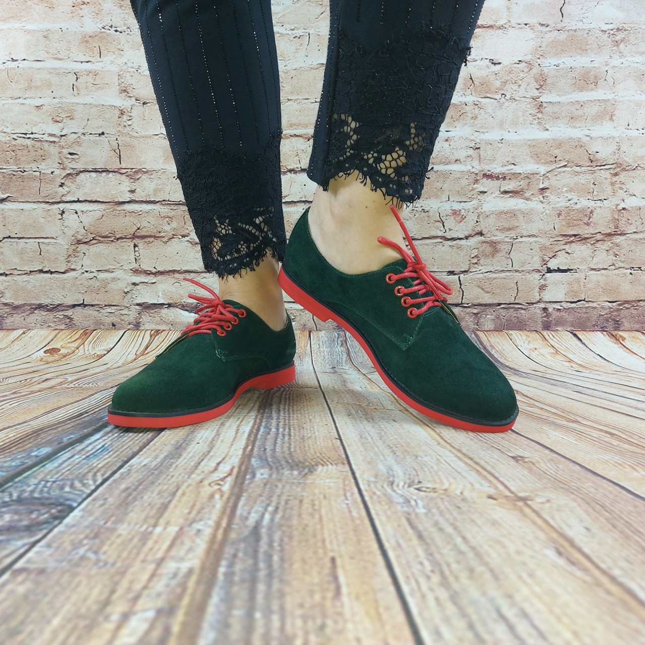 Туфли женские It Girl 3375 зелёные замша на шнурке (последний 36 размер)