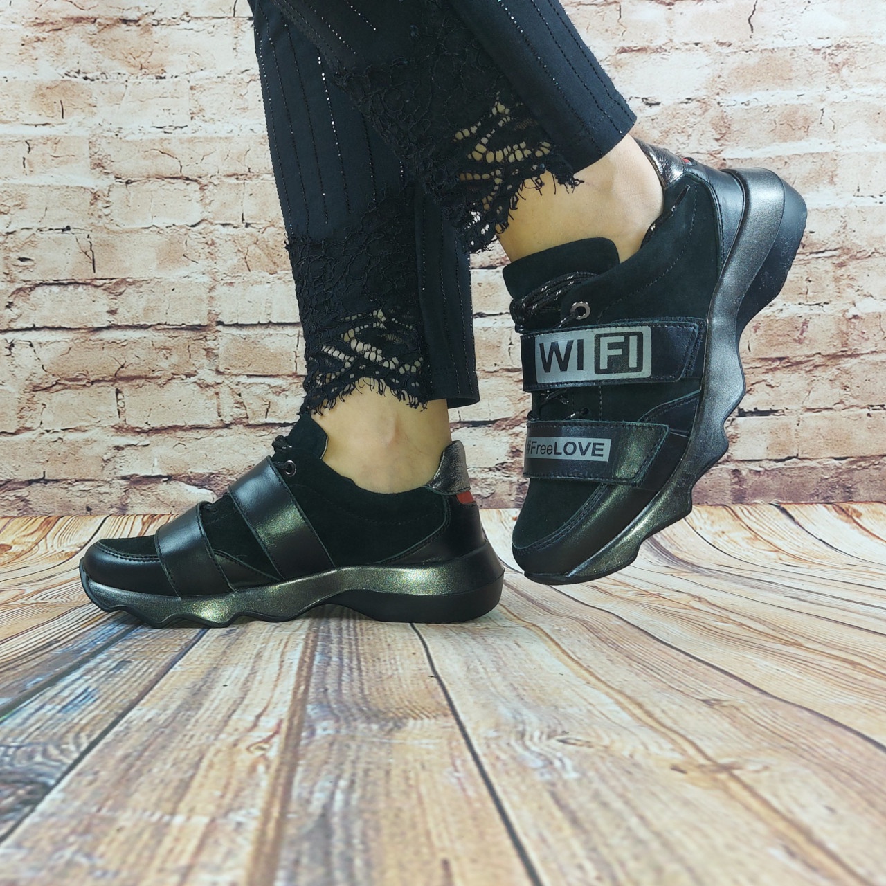 Туфли женские спортивные Eclipse 580-28 чёрные кожа-замша шнурок + 2 липучки