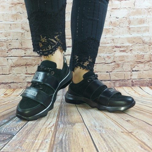 Туфли женские спортивные Eclipse 580-28 чёрные кожа-замша шнурок + 2 липучки
